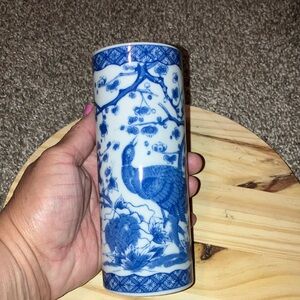 Japanese Porcelain Peacock In Garden Blue & White Cylinder Vase 6” Tall